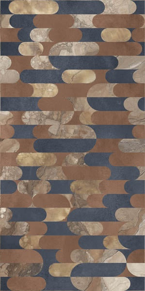 Luxurious brown porcelain tile with semi-glossy finish and contemporary deco pattern, evoking warm opulence and refined grandeur.