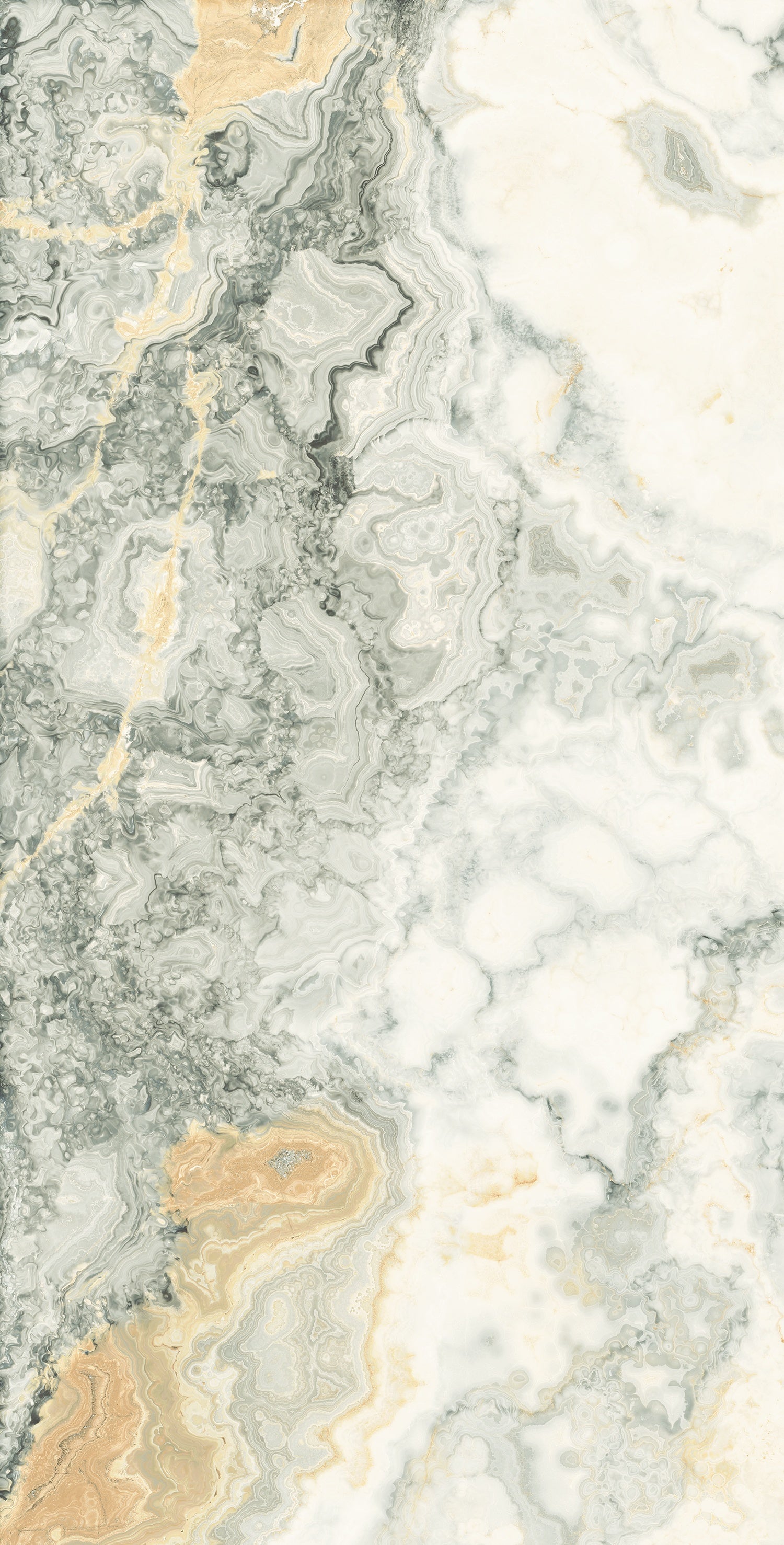 Luxury rectified porcelain tile in soft gray with travertine-inspired veining and a semi-gloss finish, evoking timeless elegance.
