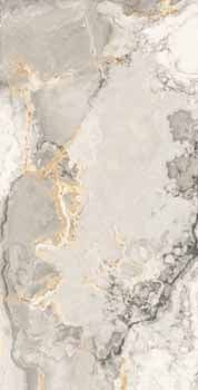 Luxurious rectified porcelain tile with refined travertine veins in soft grey, semi-gloss finish for timeless elegance.