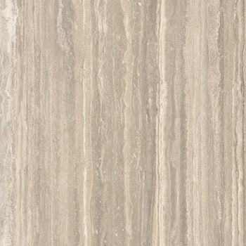 Luxurious textured travertine-look porcelain tile in warm hazelnut, semi-matte finish, evoking artisan-crafted serenity.