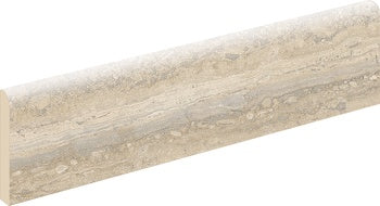 Warm hazelnut porcelain bullnose trim with travertine-inspired texture, semi-matte finish for seamless transitions.