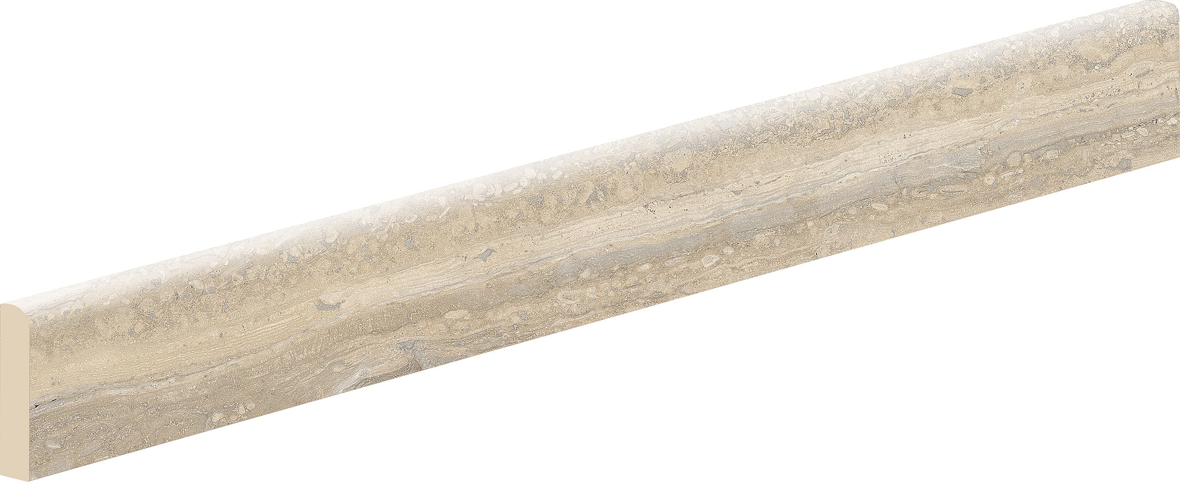 Sleek hazelnut-brown porcelain bullnose trim with warm travertine texture, semi-matte finish for refined contemporary edges.