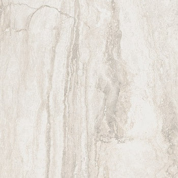Large-format porcelain tile in refined white travertine effect with a semi-glossy finish and subtle veining for serene luxury spaces.