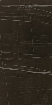 Luxurious black marble-effect porcelain tile with elegant gold-enhanced veining, timeless sophistication for refined interiors.