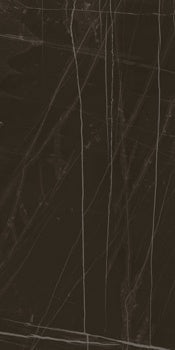 Black marble-look porcelain tile with elegant veining, matte finish, and timeless charm for luxurious interiors.