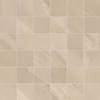 Matte beige porcelain mosaic with volcanic slate texture, evoking Iceland’s raw elegance in a refined straight-stack pattern.