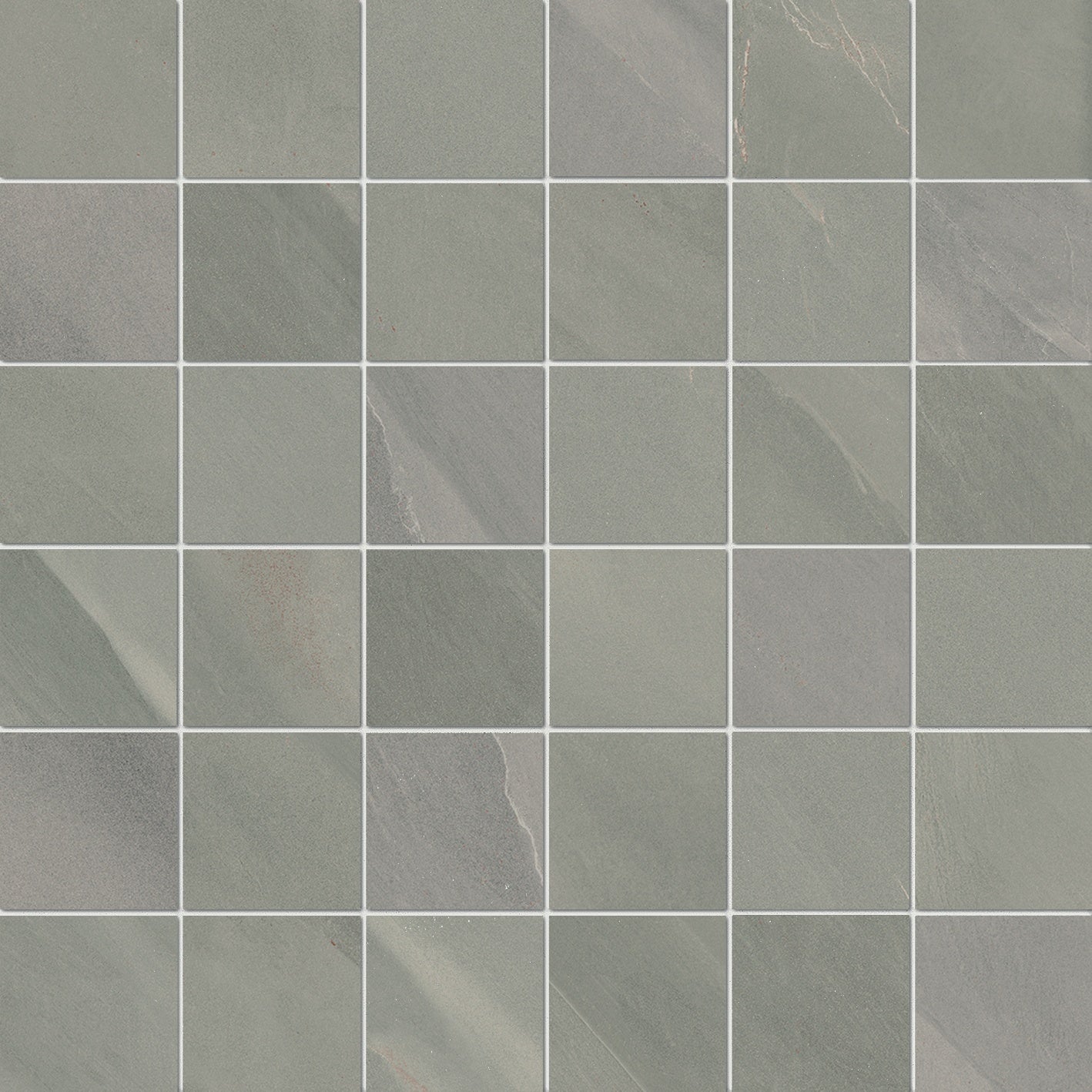 Matte gray porcelain mosaic with volcanic slate texture, rectified edges, and an organic straight-stack pattern.