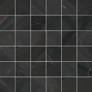 Black volcanic slate-look porcelain mosaic with a matte, textured finish and interlocking square tiles in a straight-stack pattern.
