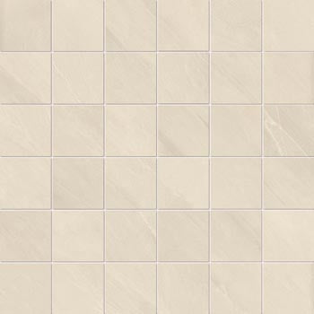 White porcelain mosaic with volcanic slate texture, matte finish, interlocking squares in a clean straight-stack pattern.