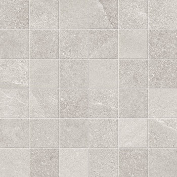 White porcelain mosaic with soft slate texture, rippled like weathered stone, offering serene luxury for modern minimalist spaces.