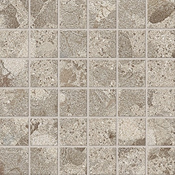 Luxury beige terrazzo mosaic with raw material chips, textured matte porcelain in an elegant straight-stack interlocking design.