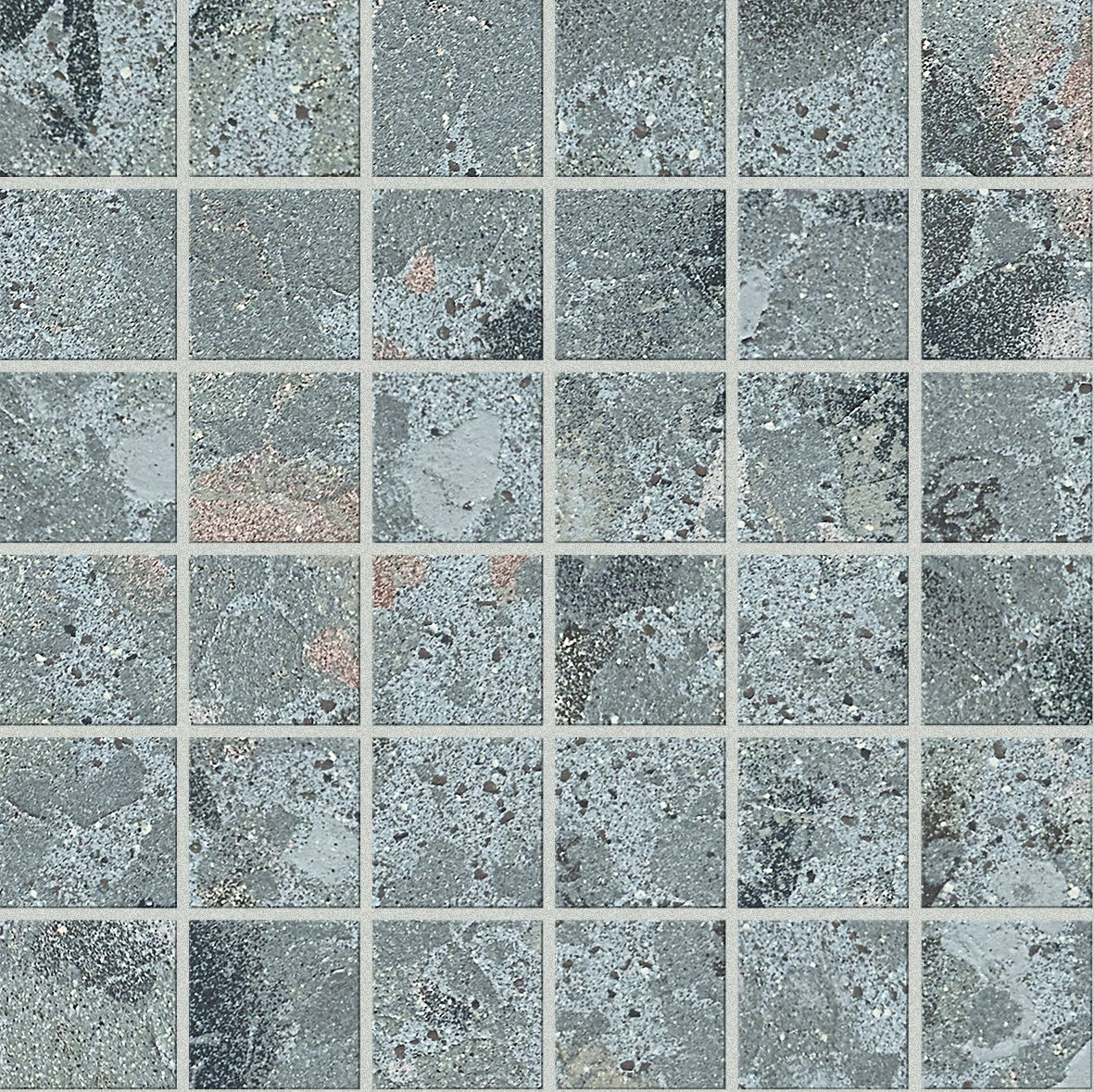 Dark grey terrazzo mosaic with raw, unpredictable chips in a matte, textured porcelain surface, exuding industrial elegance and timeless sophistication.
