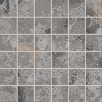 Dark grey terrazzo mosaic with raw, unpredictable chips in a matte, textured porcelain surface, exuding industrial elegance and timeless sophistication.