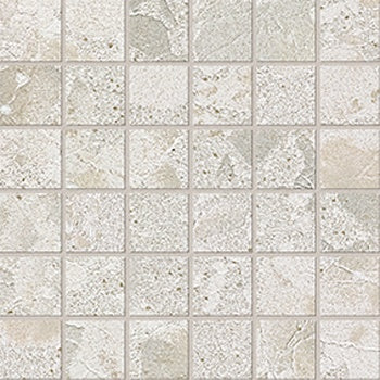 White terrazzo mosaic with raw material chips in a random, textured matte finish for refined industrial elegance.