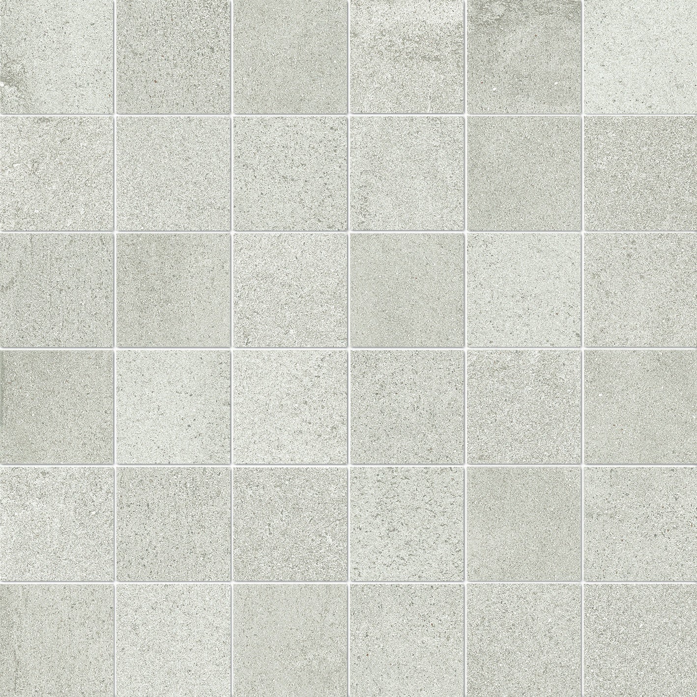 Matte white porcelain mosaic with soft concrete texture, interlocking squares in a refined straight-stack pattern, exuding serene industrial elegance.