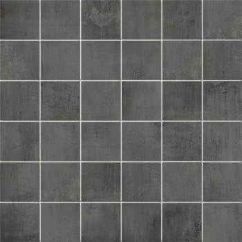 Black porcelain mosaic tiles with a matte concrete finish, offering industrial elegance and minimalist warmth in a straight-stack pattern.