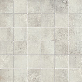 Rectified porcelain mosaic in soft white, blending industrial minimalism with the warmth of fired ceramic, arranged in a clean straight-stack pattern.