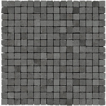 Black porcelain mosaic tiles with a matte industrial concrete look, rectified edges, and warm minimalist elegance for modern interiors.