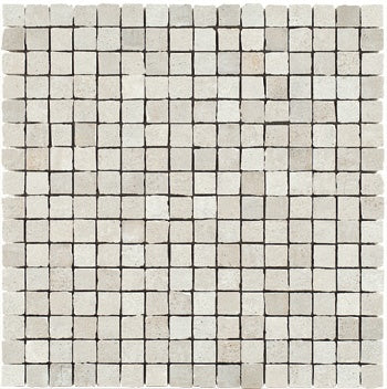 Rectified white porcelain mosaic with a soft matte concrete finish, offering minimalist warmth and industrial elegance in an interlocking straight-stack pattern.