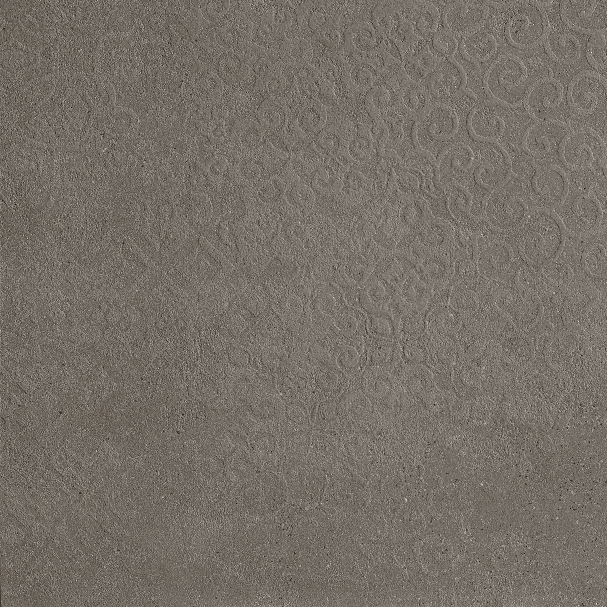 Dark gray porcelain tile with a matte, textured concrete finish, subtle luminous reflections, and elegant industrial charm.