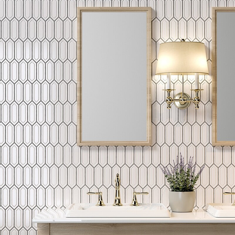 STATUS CERAMIC: Royal White Reliefed Picket Field Deco Tile (glossy | 2"x6"x3/8" | beveled)