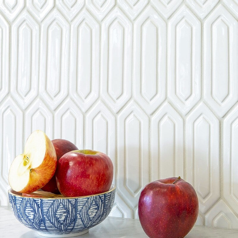 STATUS CERAMIC: Royal White Reliefed Picket Field Deco Tile (glossy | 2"x6"x3/8" | beveled)