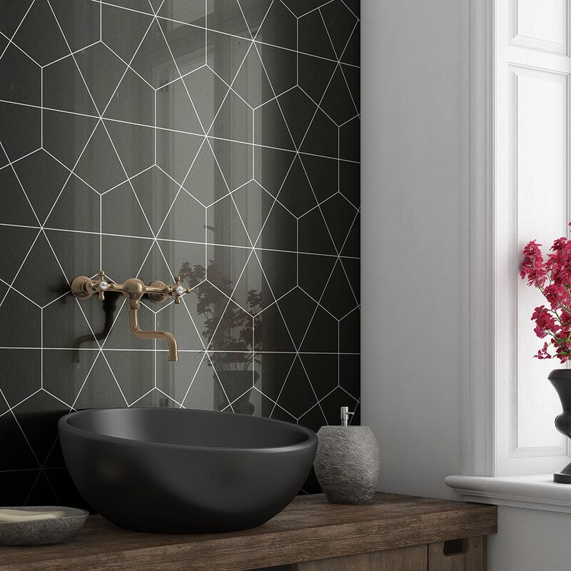 STATUS CERAMIC: Black Diamante Field Tile (glossy | 6"x6"x3/8" | beveled)