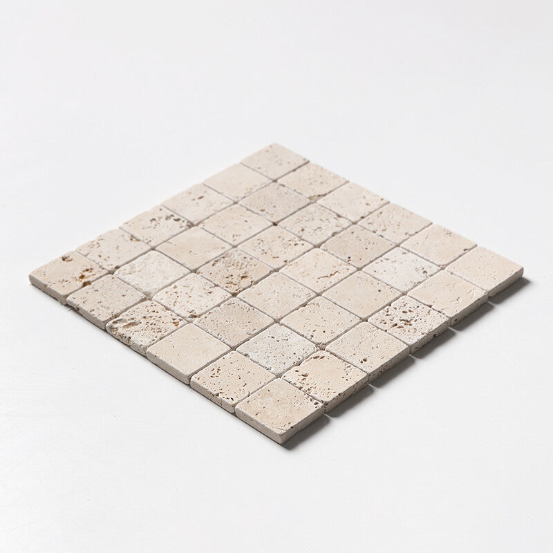 IVORY TRAVERTINE: 2X2 Straight Stack Mosaic (tumbled | 12"x12"x3/8" | straight cut)