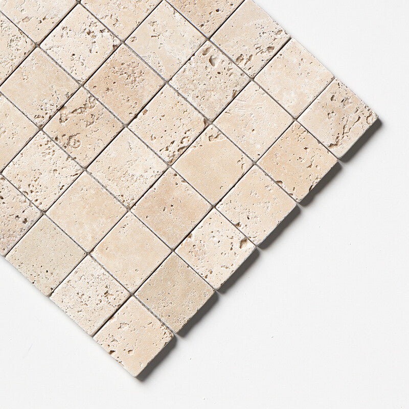 IVORY TRAVERTINE: 2X2 Straight Stack Mosaic (tumbled | 12"x12"x3/8" | straight cut)