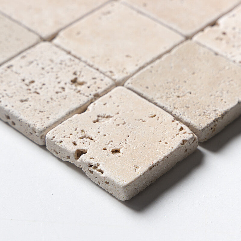 IVORY TRAVERTINE: 2X2 Straight Stack Mosaic (tumbled | 12"x12"x3/8" | straight cut)