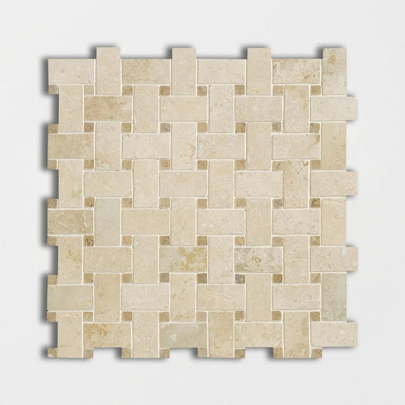 IVORY TRAVERTINE: Basketweave Mosaic (honed filled | 12"x12"x3/8" | straight cut)