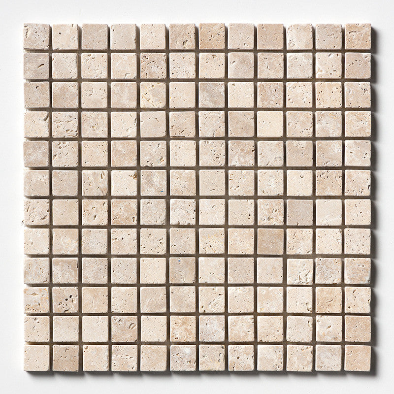 IVORY TRAVERTINE: 1X1 Straight Stack Mosaic (tumbled | 12"x12"x3/8" | round)
