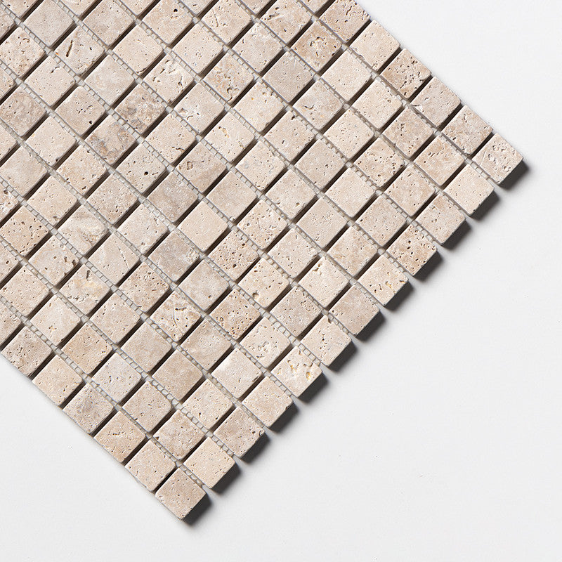 IVORY TRAVERTINE: 1X1 Straight Stack Mosaic (tumbled | 12"x12"x3/8" | round)