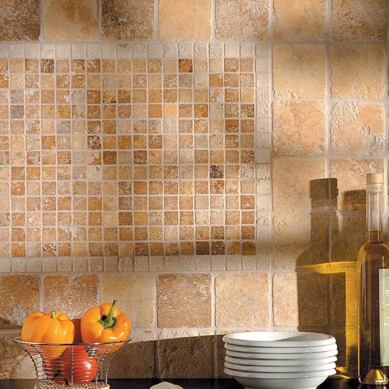IVORY TRAVERTINE: 1X1 Straight Stack Mosaic (tumbled | 12"x12"x3/8" | round)