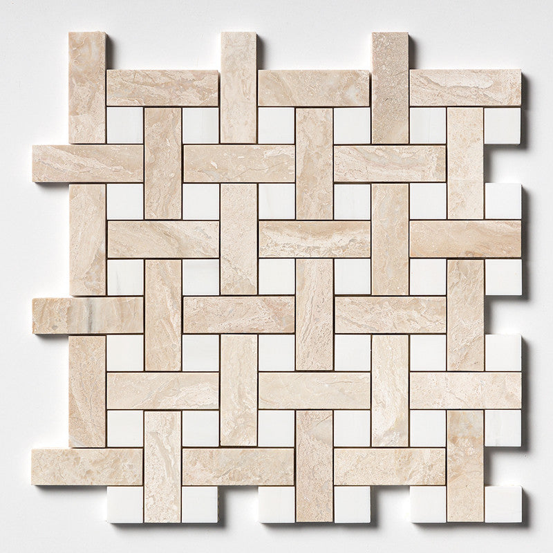 ATELIER MOSAIC: Diana Royal, Snow White 1X3 Basketweave Mosaic (multi finish | 12"x12"x5/8" | straight cut)
