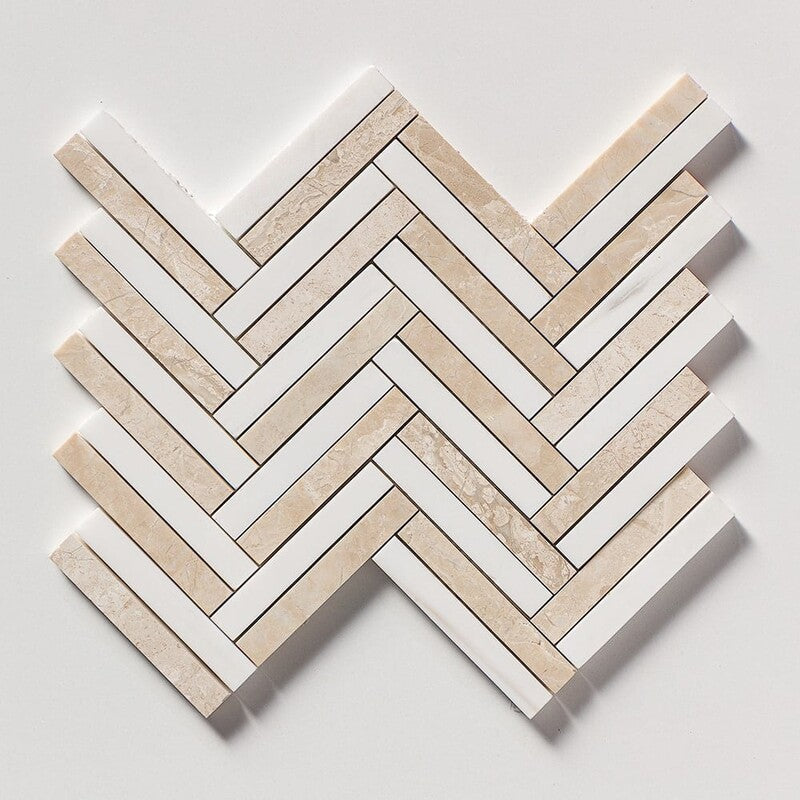 ATELIER MOSAIC: Diana Royal, Snow White Raya Basket Herringbone Mosaic (multi finish | 11"x12"x13/16" | straight cut)