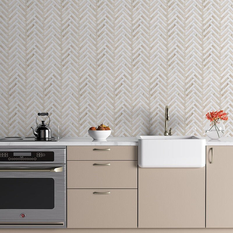 ATELIER MOSAIC: Diana Royal, Snow White Raya Basket Herringbone Mosaic (multi finish | 11"x12"x13/16" | straight cut)
