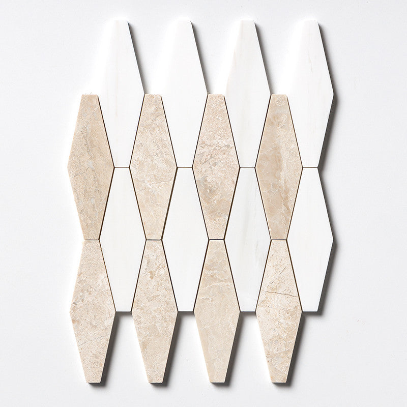 ATELIER MOSAIC: Diana Royal, Snow White Rhomboid Blend Long Hex Mosaic (multi finish | 11"x14"x15/16" | straight cut)