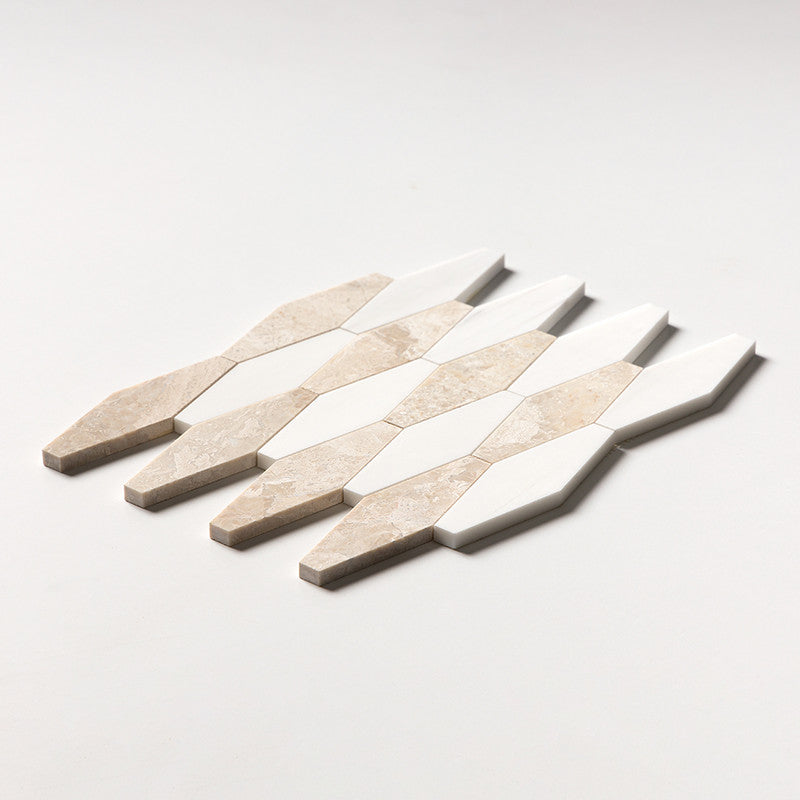 ATELIER MOSAIC: Diana Royal, Snow White Rhomboid Blend Long Hex Mosaic (multi finish | 11"x14"x15/16" | straight cut)