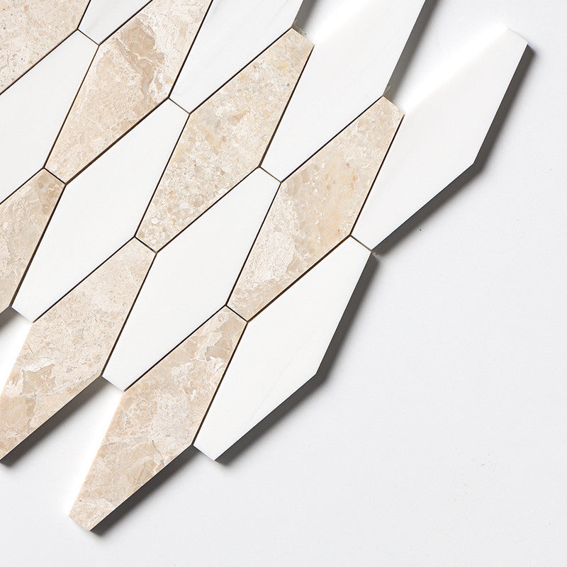 ATELIER MOSAIC: Diana Royal, Snow White Rhomboid Blend Long Hex Mosaic (multi finish | 11"x14"x15/16" | straight cut)