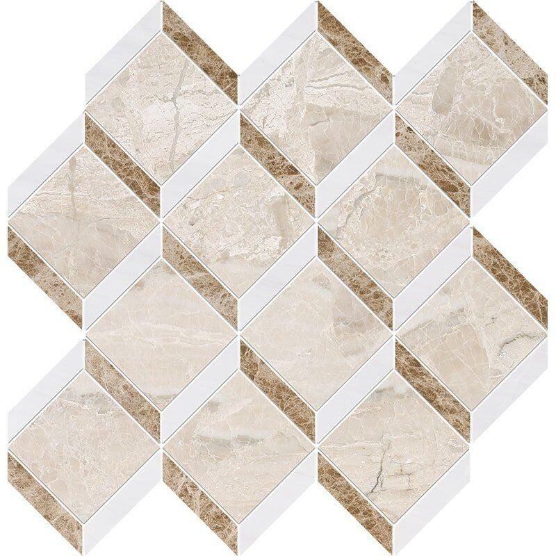 ATELIER MOSAIC: Diana Royal, Snow White Steps 3D Diamonds Mosaic (multi finish | 14"x14"x9/16" | straight cut)