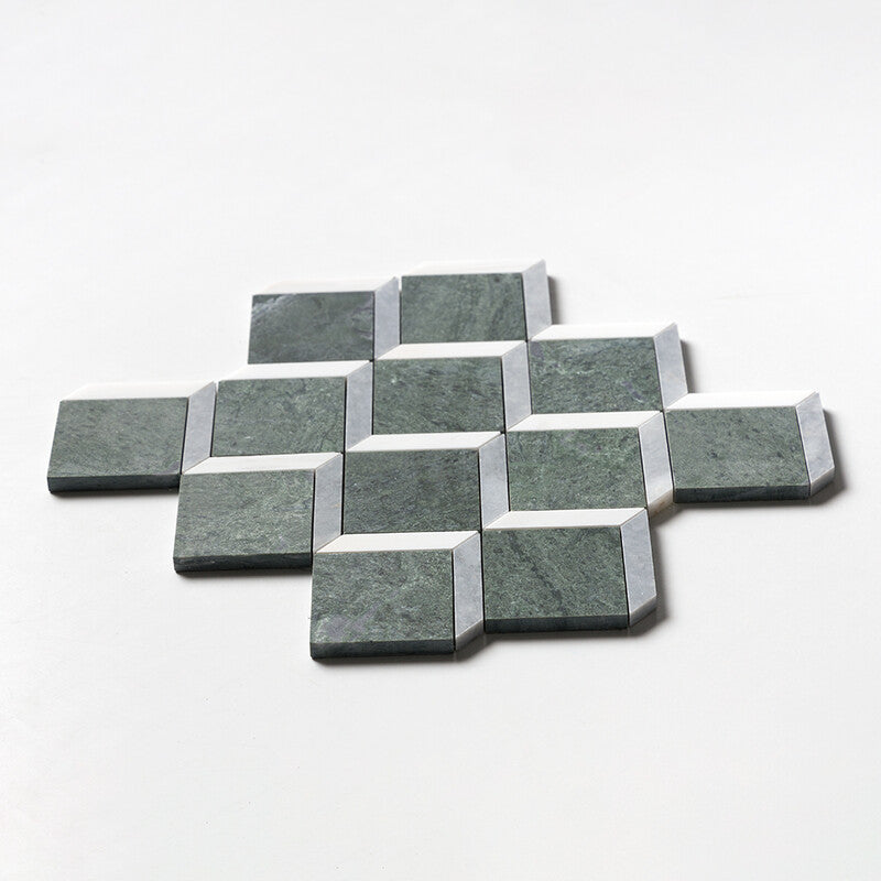 ATELIER MOSAIC: Snow White Allure Light Steps 3D Diamonds Mosaic (honed | 14"x14"x9/16" | straight cut)