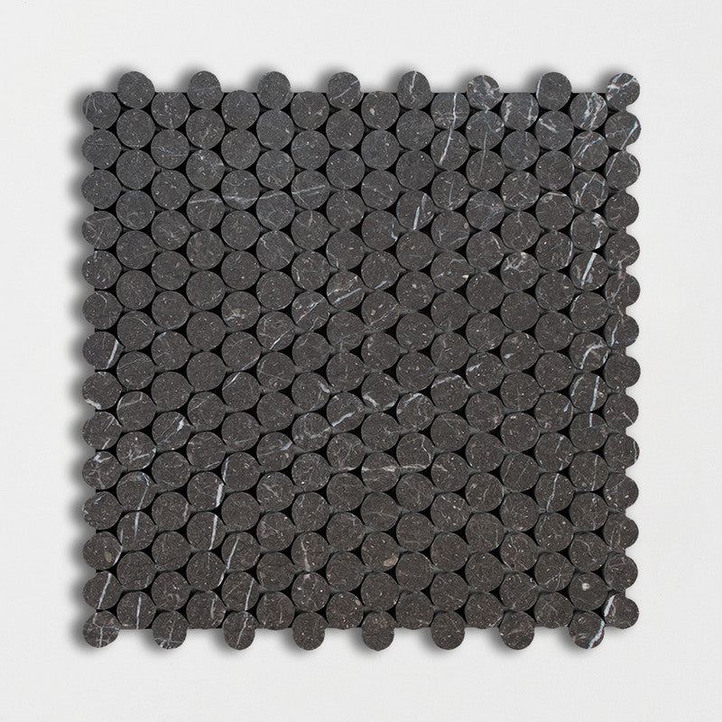 PENNY ROUND 2.0: Iris Black Penny Round Mosaic (honed | 11"x11"x1/4" | straight cut)
