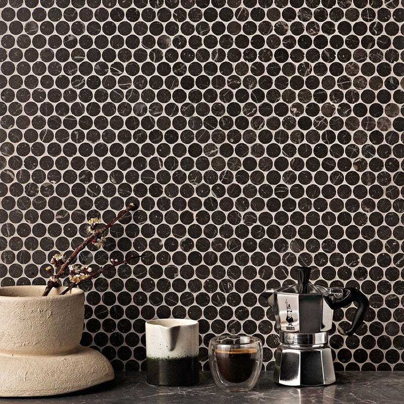 PENNY ROUND 2.0: Iris Black Penny Round Mosaic (honed | 11"x11"x1/4" | straight cut)