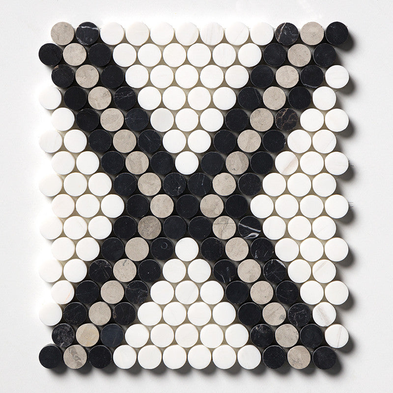 PENNY ROUND: Britannia Snow White Diamond 1 Penny Round Mosaic (honed | 10"x11"x27/64" | straight cut)