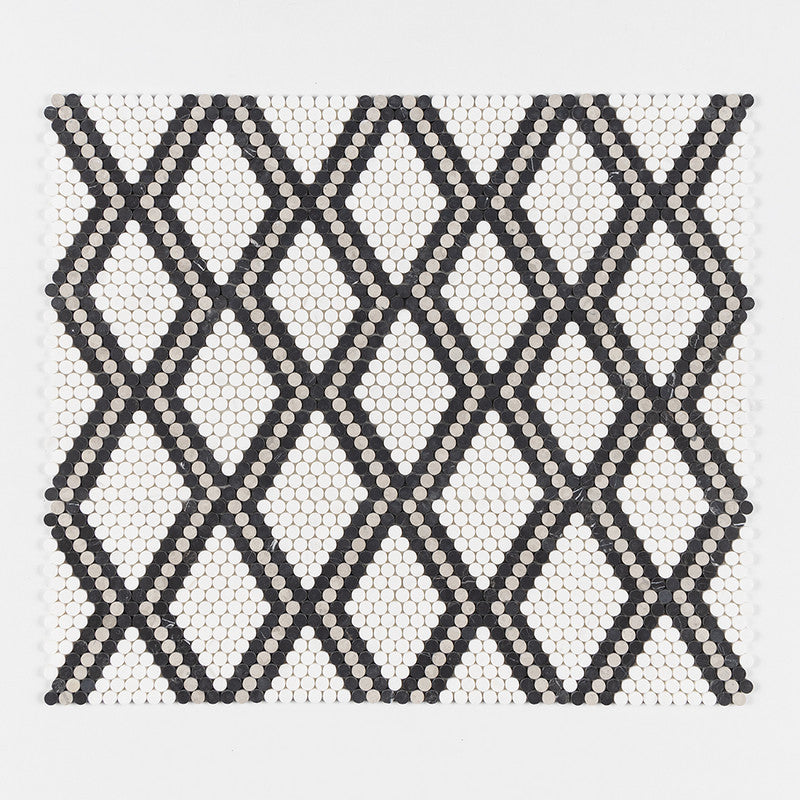 PENNY ROUND: Britannia Snow White Diamond 1 Penny Round Mosaic (honed | 10"x11"x27/64" | straight cut)