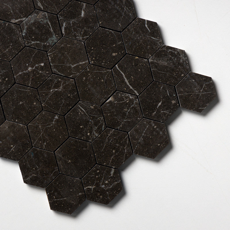 IRIS BLACK : Hexagon Mosaic (honed | 10"x12"x3/8" | straight cut)