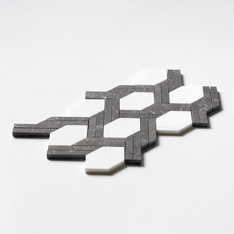 STUDIO : Snow White China Black Braided Hexagon Mosaic (honed | 9"x16"x11/16" | straight cut)