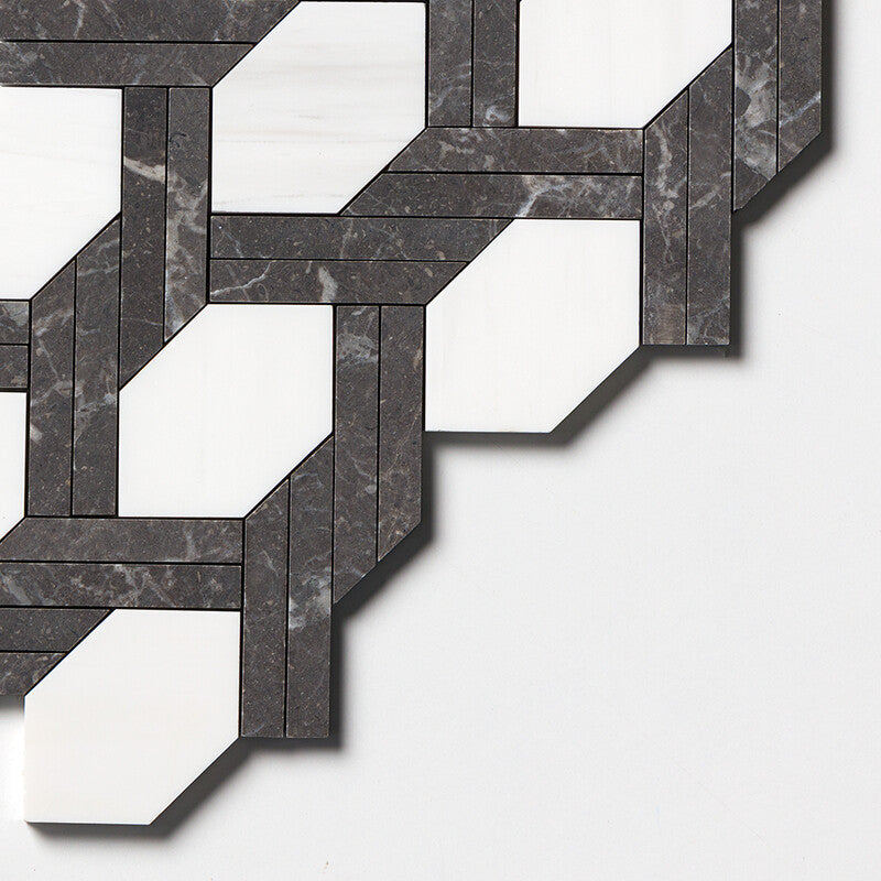 STUDIO : Snow White China Black Braided Hexagon Mosaic (honed | 9"x16"x11/16" | straight cut)