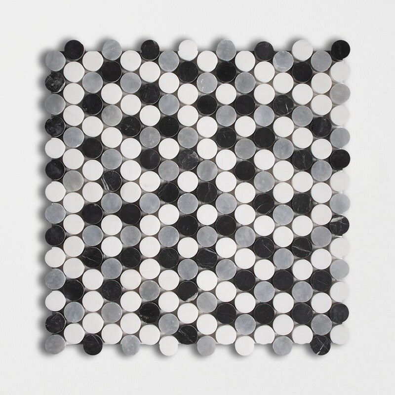 PENNY ROUND 2.0: China Black, Snow White, Allure Light Penny Round Mosaic (honed | 11"x11"x1/4" | straight cut)